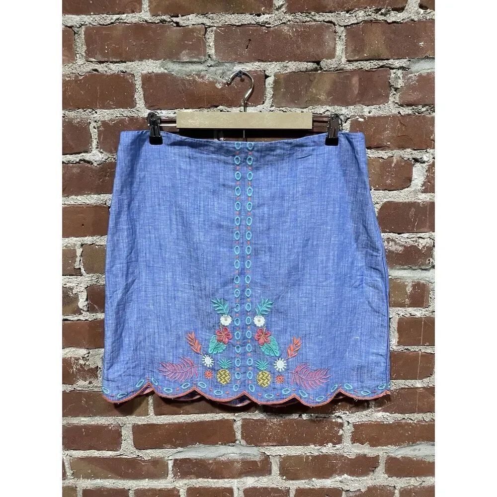 Talbots Linen Blend Floral Blue Embroidered Skirt 12P Womens